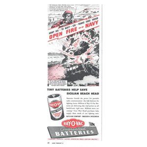 1944 Ray-o-Vac Royovac Batteries Vintage Print Ad WW2 Army Navy Tank Wall Art